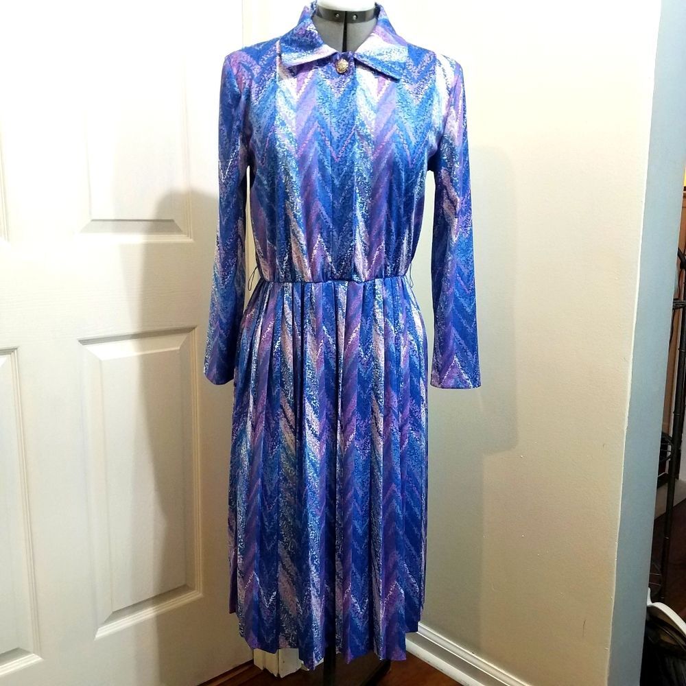 Vintage 1980s pastel lavender striped chevron print secretary dress 10p